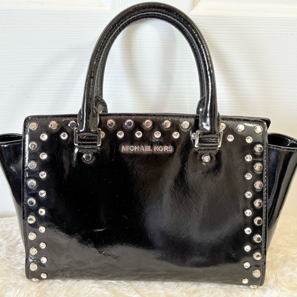 MK Michael Kors Black Patent Studded Rhinestone Handbag